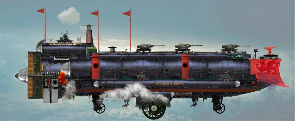 an image of a steam powered ship in the sky, concept art, by Artur Tarnowski, conceptual art, sideview, zeppelin dock, highly detailed and colored, gothic locomotive