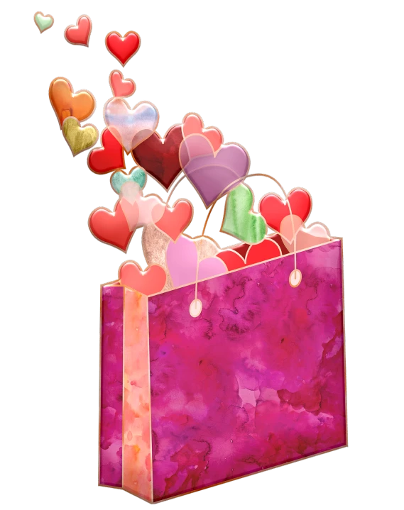 a bag with hearts flying out of it, a digital rendering, by Elaine Hamilton, alcohol ink art, birthday wrapped presents, istockphoto, detail