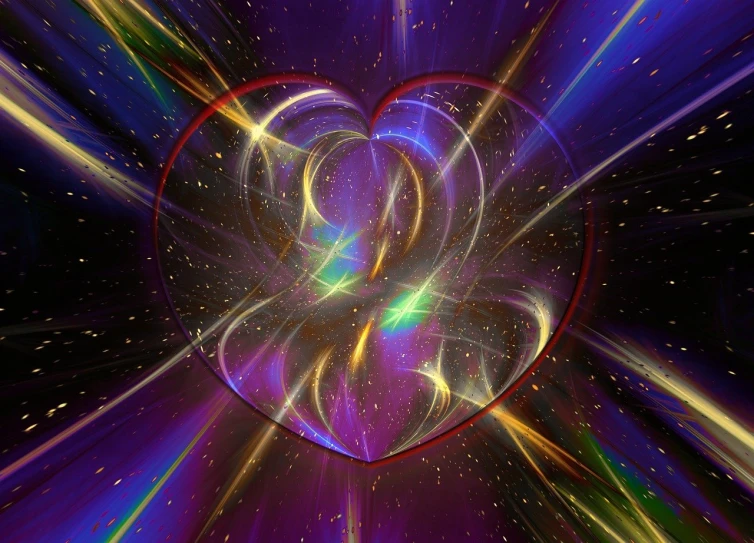 a computer generated image of a heart, metaphysical painting, background in space, iridescent fractal whirls, sparkle, glowing lines