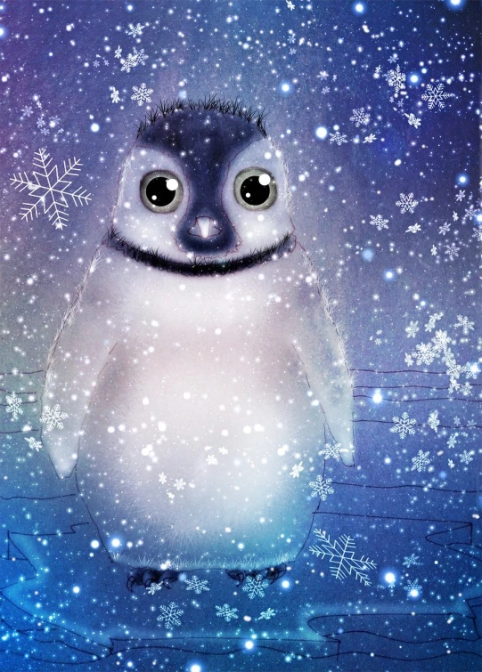 a penguin that is standing in the snow, a digital rendering, inspired by Alison Kinnaird, beeple and jeremiah ketner, fuzzy ghost, movie screen shot, close-up!!!!!!