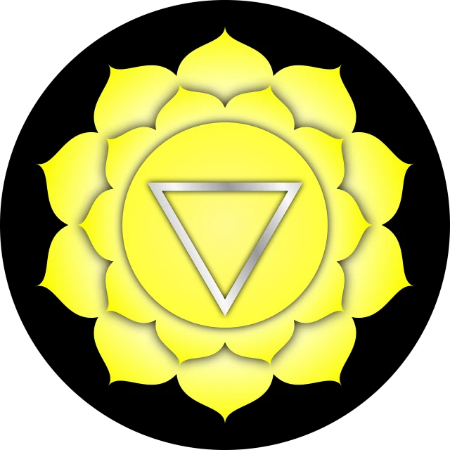 a yellow flower with a triangle in the middle, an illustration of, aura of power. detailed, ajna chakra, with a black background, silver