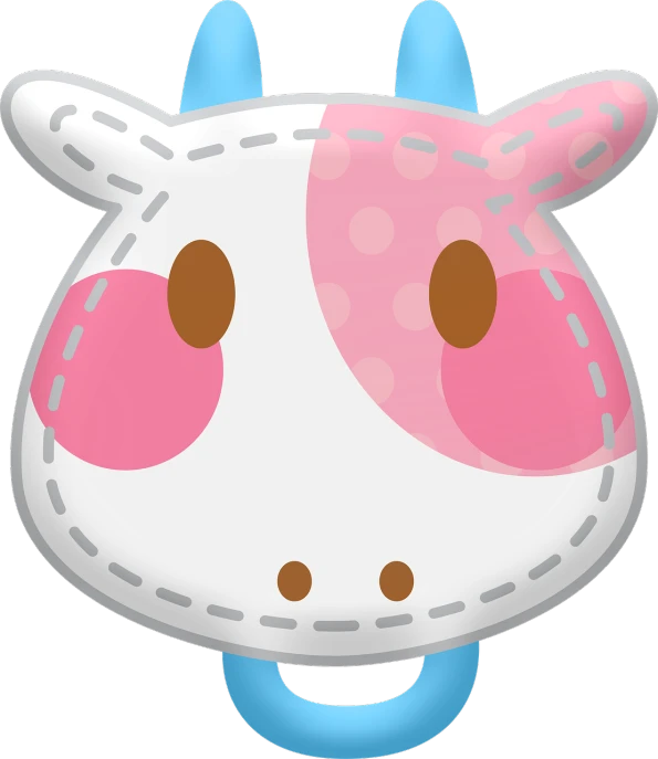 a pink and white cow with brown spots on it's face, a digital rendering, inspired by Masamitsu Ōta, sōsaku hanga, pink twintail hair and cyan eyes, ( ( mask ) ), badge, bag