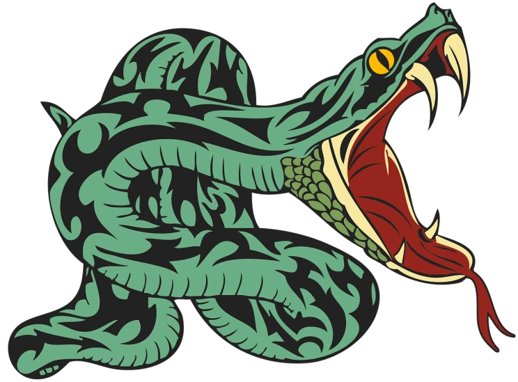 a close up of a snake with its mouth open, an illustration of, inspired by Ravi Zupa, shutterstock, red green black teal, mascot illustration, sticker illustration, 3 4 5 3 1