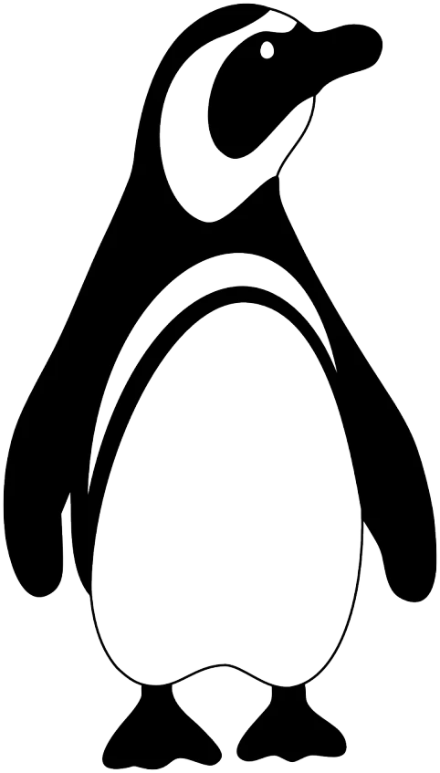 a black and white penguin on a white background, inspired by Shūbun Tenshō, pixabay, hurufiyya, back shark fin, contorted, magnificent oval face, stylized silhouette