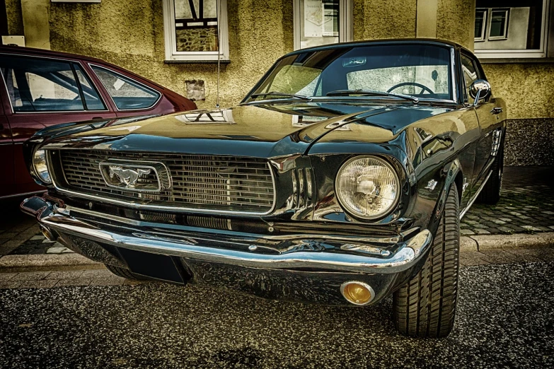 a classic car parked in front of a building, trending on pixabay, photorealism, mustang, wet hdr refractions, front lit, glass and metal : : peugot onyx