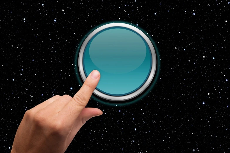 a close up of a person touching a button, a stock photo, by Julian Allen, shutterstock, space art, star in the sky, round background, blue, artist rendition