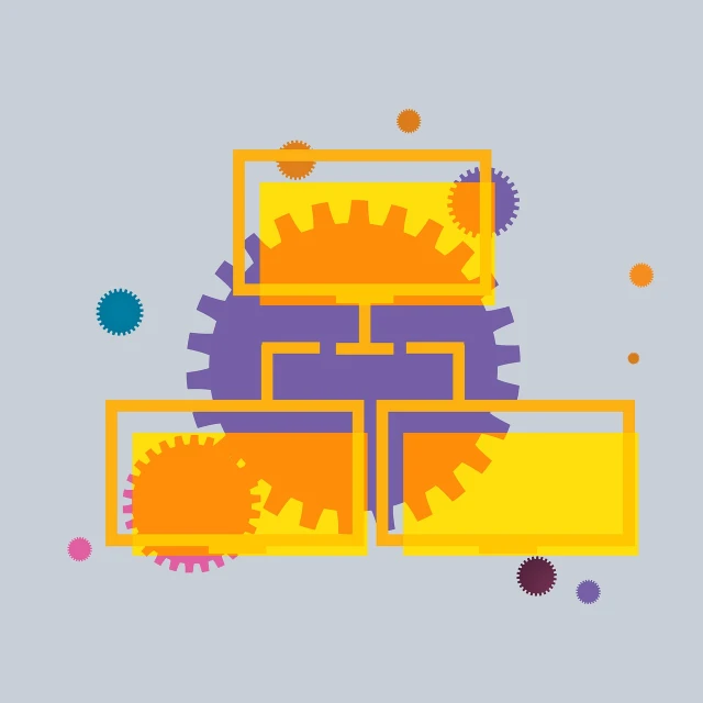 a pile of boxes sitting on top of each other, digital art, inspired by Eduardo Paolozzi, yellow and purple color scheme, cogs and gears, icon for an ai app, subject center bottom of frame