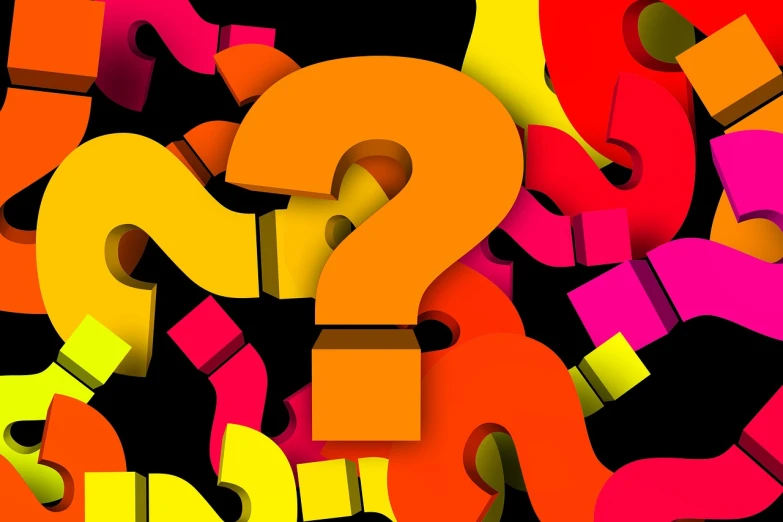a lot of question marks on a black background, shutterstock, digital art, bold bright colors, _3d-terms_, in a shapes background, closeup!!!!!!