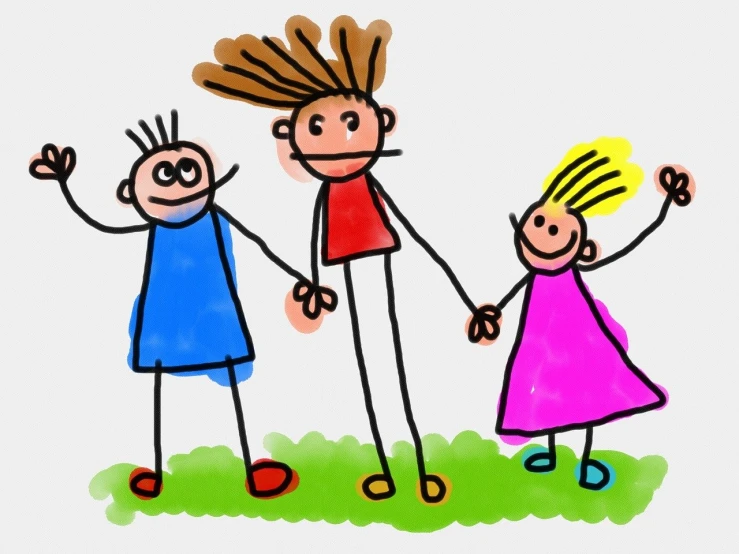 a drawing of a family holding hands, a child's drawing, by Harry Beckhoff, pixabay, digitally colored, istockphoto, mischievous!!, girl