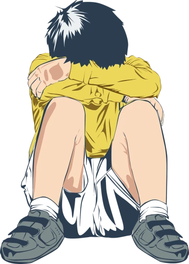 a boy sitting on the ground with his head in his hands, an anime drawing, black and yellow colors, full color digital illustration, akira style illustration, style of eiichiro oda