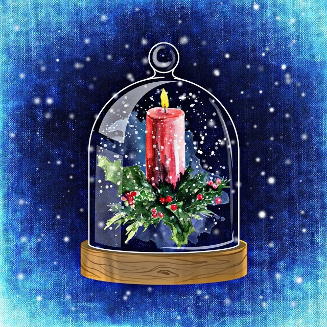 a christmas scene with a lit candle in a clochet, a digital painting, digital art, glass dome, wrapped blue background, plants in glass vase, watercolor painting style