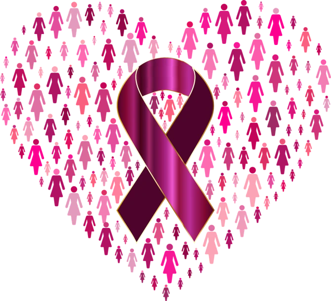 a pink ribbon in the shape of a heart, an illustration of, digital art, men and women, with a black background, full color illustration, outdoor photo