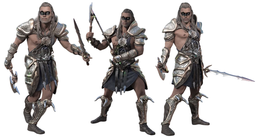 a couple of men standing next to each other holding swords, trending on polycount, dau-al-set, male warrior silver armor, conan, ingame image, bronze skinned