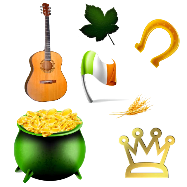 a st patrick's day icon set on a black background, concept art, inspired by Mór Than, digital art, gold throne, guitar, 😃😀😄☺🙃😉😗, clip-art