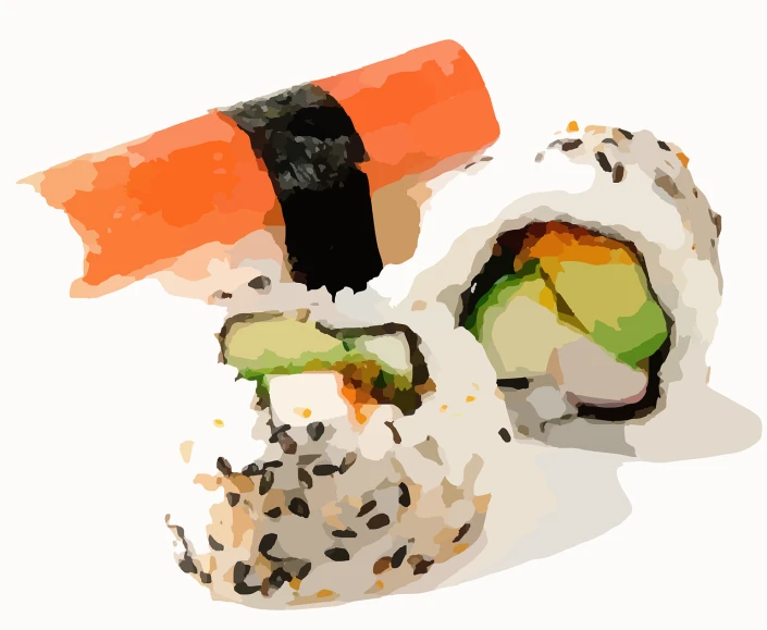 a close up of a sushi roll on a white surface, a digital painting, ukiyo-e, low polygons illustration, mottled coloring, painterly illustration, eating