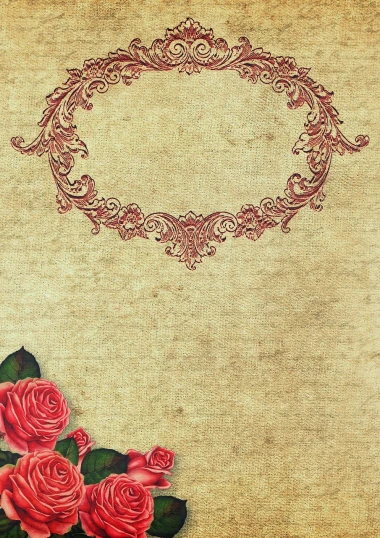 a bunch of red roses sitting on top of a piece of paper, a digital rendering, baroque, handcrafted paper background, light brown background, filigree frame, 1128x191 resolution