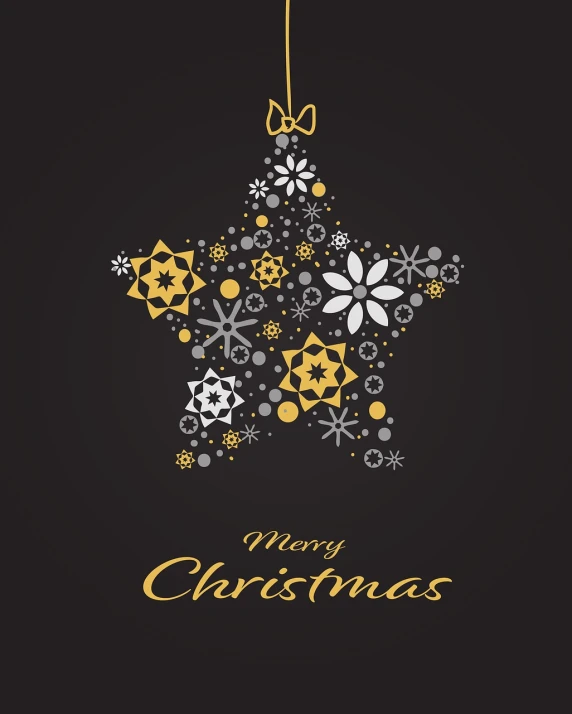 a christmas star made of snowflakes on a black background, vector art, black and yellow colors, card template, illustrator vector graphics, hight decorated