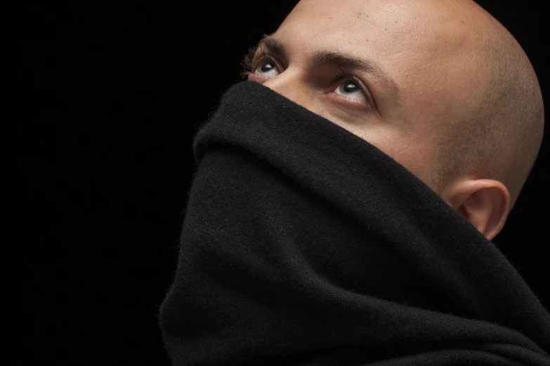 a bald man with a black scarf covering his face, a character portrait, inspired by Nadim Karam, frank dillane, looking away from the camera, hidari and vlop, autechre