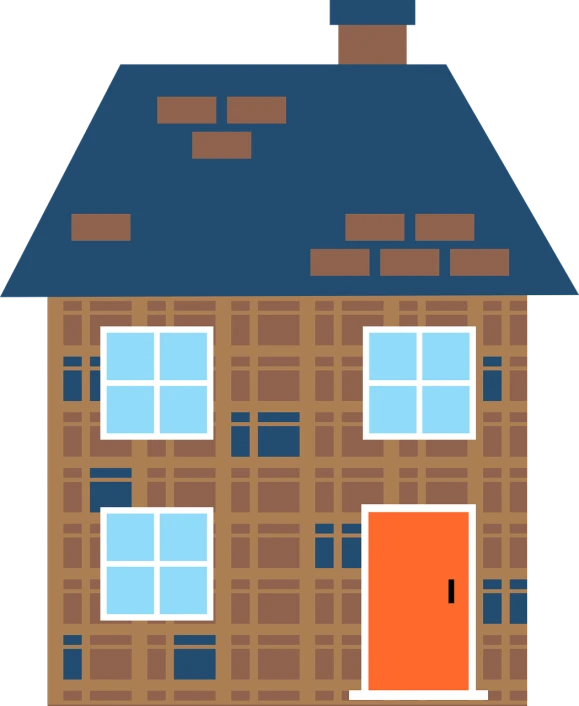 a house with a blue roof and a red door, pixabay, naive art, on a flat color black background, roofing tiles texture, front elevation view, destroying houses