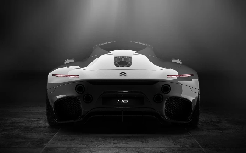 a black and white photo of a sports car, a 3D render, by Zha Shibiao, tumblr, view from the back, hydrogen. beautiful, h 576, ds