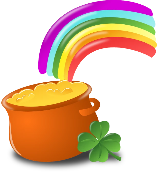 a pot of gold with a rainbow in the background, conceptual art, set against a white background, background full of lucky clovers, good soup, straw