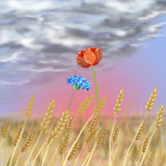 a painting of two flowers in a field of wheat, a digital painting, air brush illustration, red and blue, a beautiful artwork illustration, after the storm