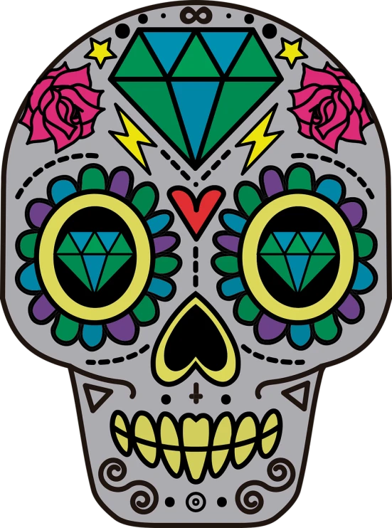 a sugar skull with flowers and a diamond, vector art, inspired by Germán Londoño, toyism, close up high detailed, ghost neon, love death robot, phone wallpaper