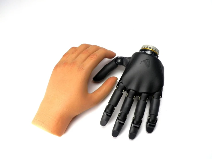 a close up of a person's hand holding a robotic hand, official product photo, made of smooth black goo, product introduction photo, doll in hand