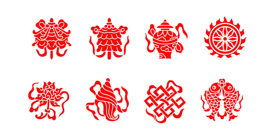 a number of red symbols on a black background, concept art, inspired by Itō Jakuchū, cloisonnism, sci-fi tibetan fashion, six arms, from left, traditional chinese textures