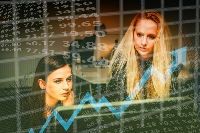 a couple of women standing next to each other, a photo, trending on pixabay, digital art, displaying stock charts, high quality fantasy stock photo, bottom angle, programming