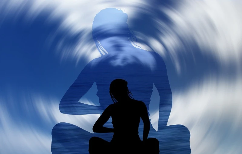 a silhouette of a person sitting in front of a body of water, a picture, figuration libre, blue aura, man and woman, spiraling, health spa and meditation center