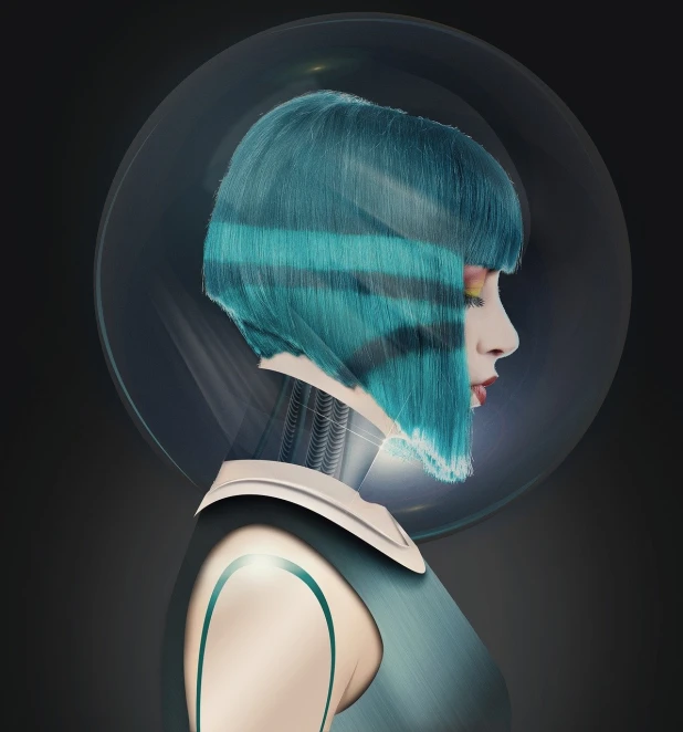 a close up of a person with blue hair, by Andrei Kolkoutine, trending on cg society, retrofuturism, glass bubble helmet, mary louise brooks is half robot, side profile portrait, 3 d render stylized