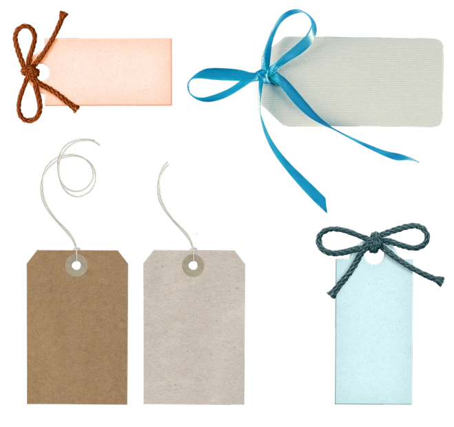 a group of tags tied to a string, a digital rendering, flickr, sōsaku hanga, bowknot, crisp image texture, card template, mute colors