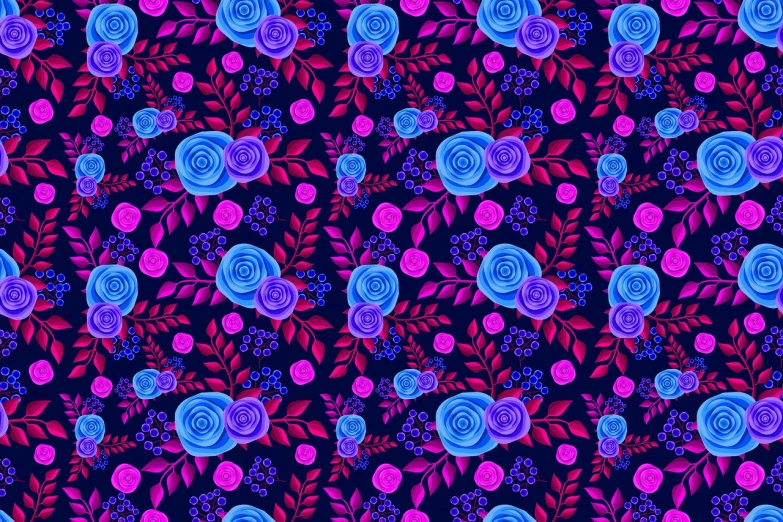 a pattern of roses and leaves on a black background, polycount, art deco, purple and blue neon, bushes and leafs, glowing spiral background, seamless