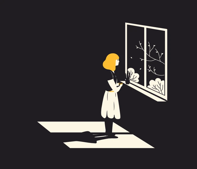 a woman that is standing in front of a window, inspired by Emiliano Ponzi, conceptual art, on a flat color black background, girl creates something great, inky illustration, sorrow