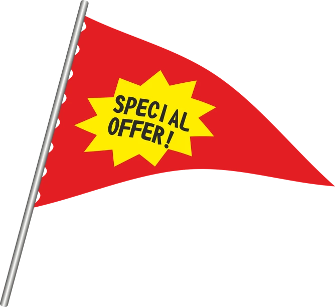 a red flag with a special offer written on it, on black background, no text!, cone, captain