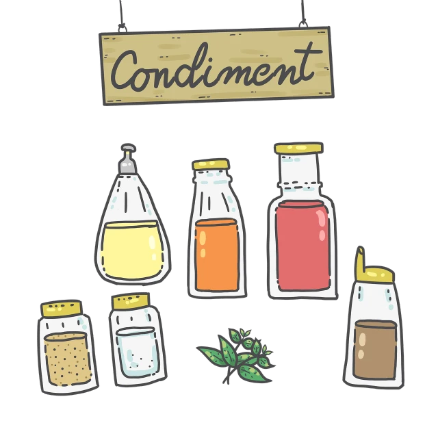 a collection of condiments on a black background, concept art, wikihow illustration, poster illustration, pendant, vignette illustration