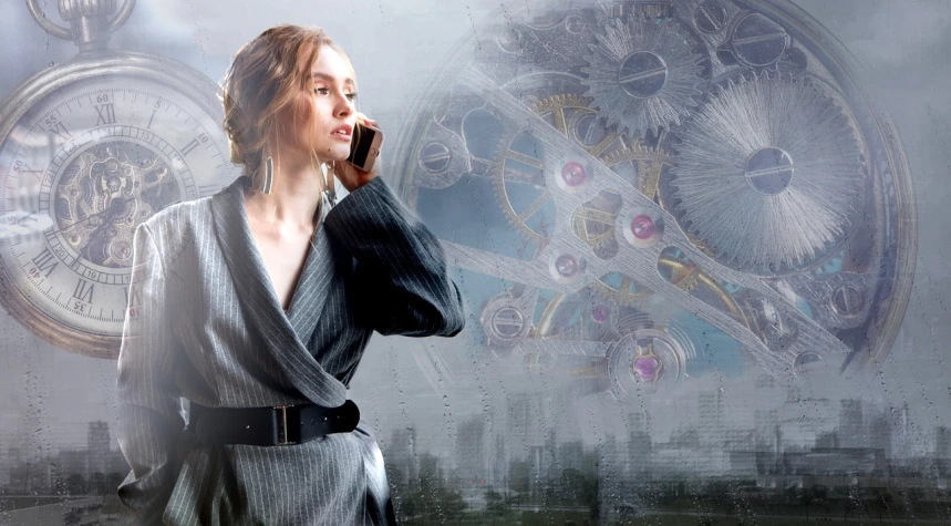 a woman talking on a cell phone in front of a clock, inspired by Anna Füssli, retrofuturism, background image, cogs and wheels, transparent glass woman, on a cloudy day