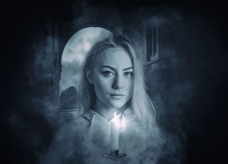 a woman holding a lit candle in front of a window, a character portrait, inspired by Anne Stokes, digital art, yvonne strahovski, compositing, ghost of a young girl, full face portrait composition