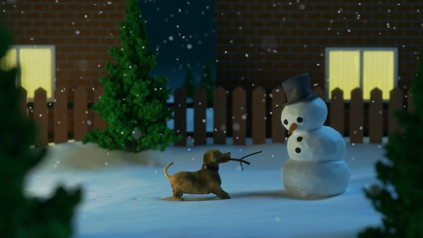 a dog standing next to a snowman in the snow, inspired by Ernest William Christmas, polycount contest winner, naive art, cinematic shot ar 9:16 -n 6 -g, dachshund, cutscene footage, christmas night