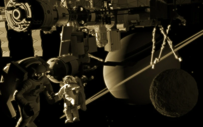 a black and white photo of a space station, cg society contest winner, space art, astronaut with a chimpanzee, 3 d render n - 9, beige and dark atmosphere, morning detail