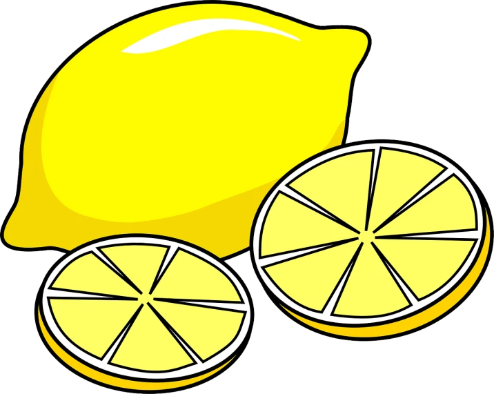 a lemon cut in half on a black background, a digital rendering, pixabay, pop art, with a white background, cartoon image, salad, yellow and black trim