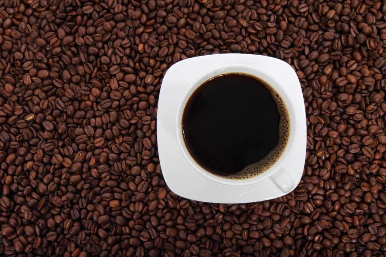 a cup of coffee sitting on top of a pile of coffee beans, bird\'s eye view, wikimedia commons, square, white mug