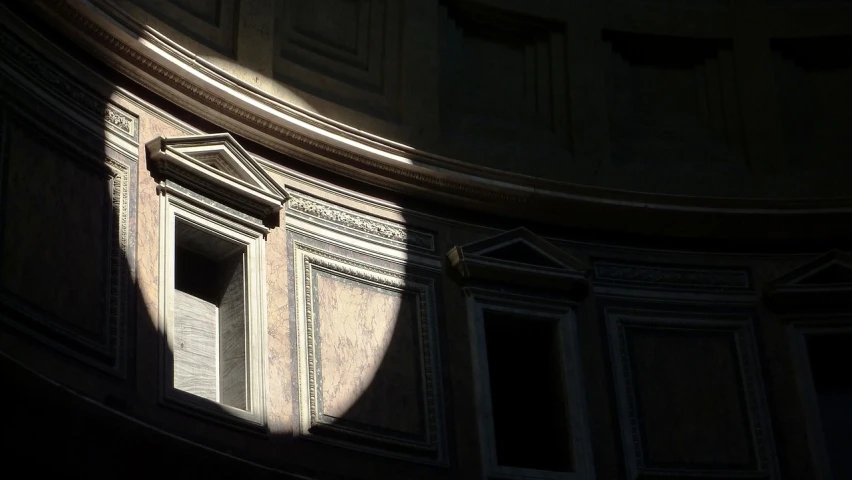 a clock that is on the side of a building, a picture, by Robert Griffier, flickr, light and space, pantheon, wonderful shadows, in an ancient altar, panorama