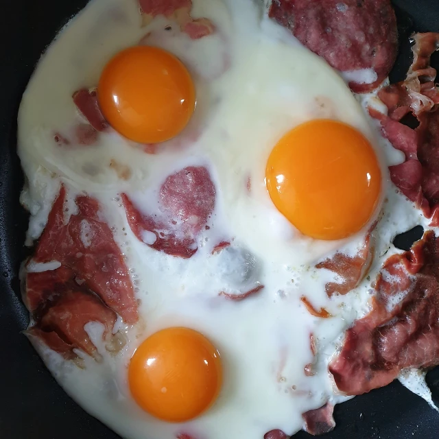 a couple of eggs sitting on top of a frying pan, dau-al-set, lunchmeat, look at the details, last photo, pov photo