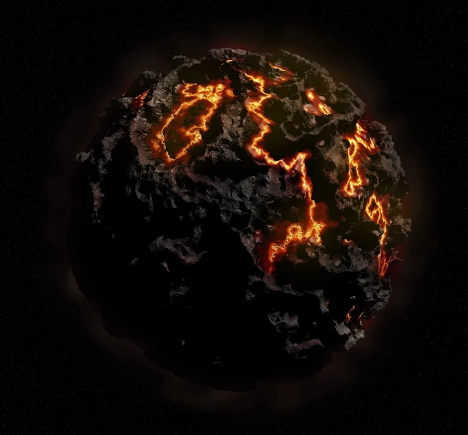 a close up of a glowing object in the dark, a digital rendering, glowing magma sphere, rotting black clay skin, dark atmosphere illustration, computer - generated