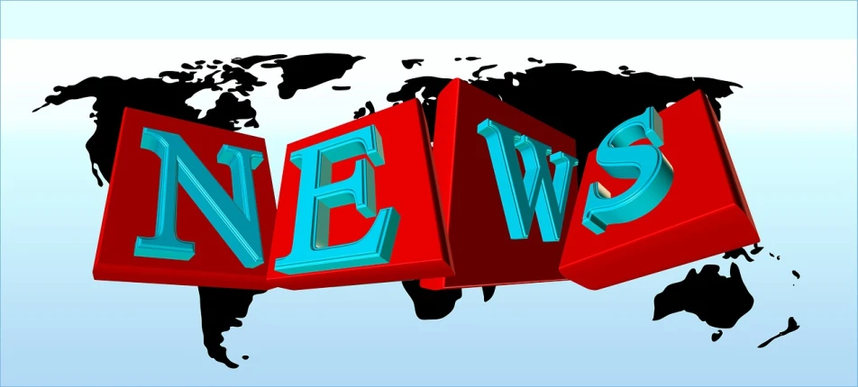 a blue and red news sign with a world map in the background, by Pamela Drew, trending on pixabay, three-dimensional image, red and cyan ink, cartoonish, pc screenshot