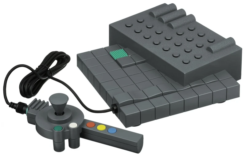 a couple of game controllers sitting next to each other, a computer rendering, inspired by Miyamoto, bauhaus, gray color, brick, product photo