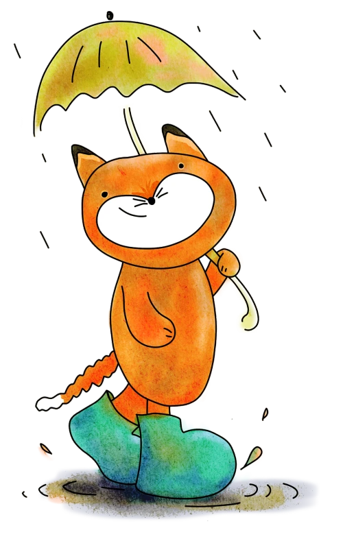 a drawing of a cat holding an umbrella, a digital rendering, flickr, orange cat, [[[[grinning evily]]]], cartoon moody scene, on black background