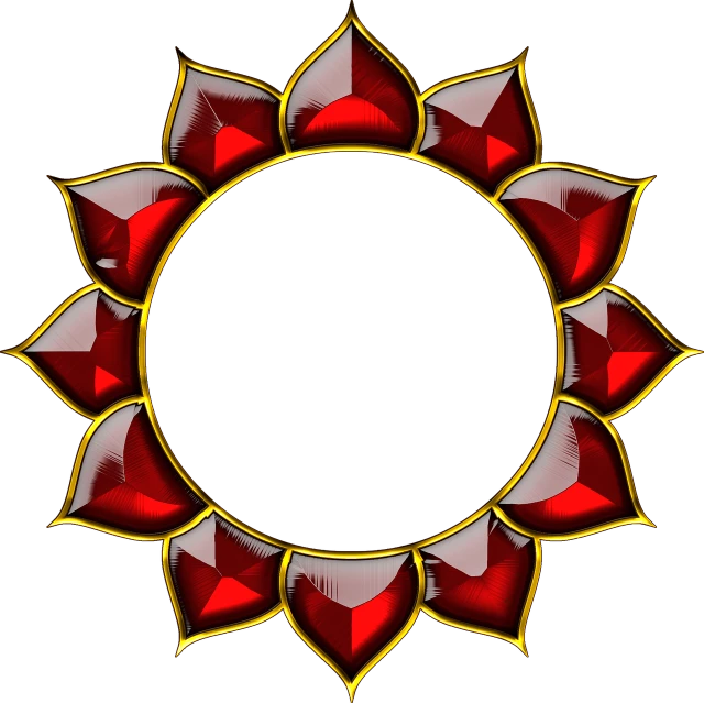 a red and gold sunflower with a black background, a digital rendering, inspired by Otto Piene, deviantart, art nouveau, gothic arch frame, embedded with gemstones, smooth round shapes, ring